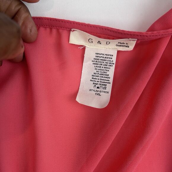 G+D Womens Sheer Button half Button Down Top Size 1X Coral Blouse Tie in Back - Picture 3 of 5